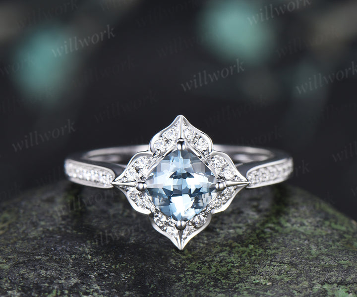 Cushion Cut Aquamarine Floral Halo Engagement Ring Half Eternity Diamond Ring Vintage Bridal Ring Gifts