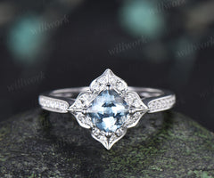 Cushion Cut Aquamarine Floral Halo Engagement Ring Half Eternity Diamond Ring Vintage Bridal Ring Gifts