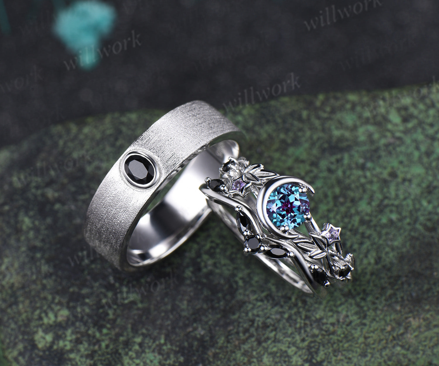 Round Alexandrite Moon Leaf Black Spinel Ring Set & Solitaire