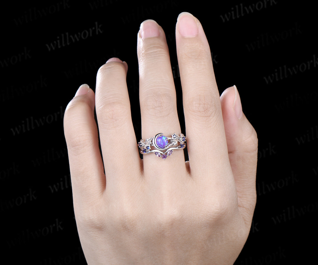 Unique round purple opal ring set blue sapphire moon star ring curved amethyst wedding band bridal set jewelry gifts for her