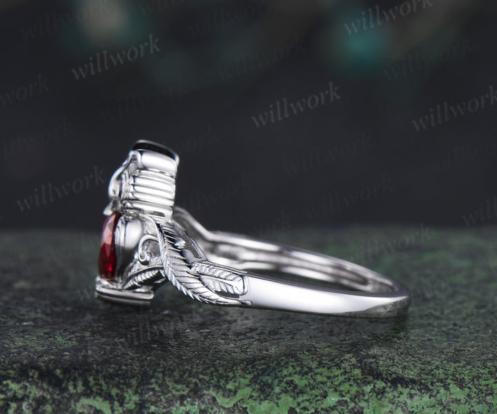 Unique owl engagement ring round ruby wedding ring amethyst accents twig vine cute owl ring for women