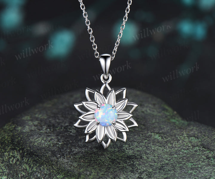 Round Opal Lotus Flower Pendant Necklace Hollow Out Floral Gemstone Necklace Nature Inspired Jewelry
