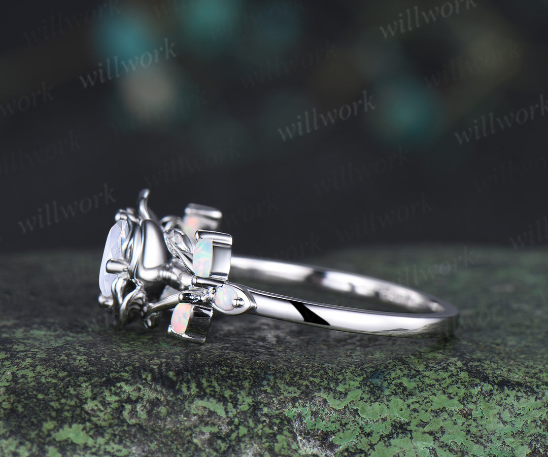 Round cut moonstone engagement ring flower floral marquise opals leaf split shank wedding ring for women