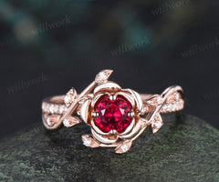 5mm round ruby floral engagement ring twig leaf diamond nature inspired ring half eternity band promise anniversary gifts