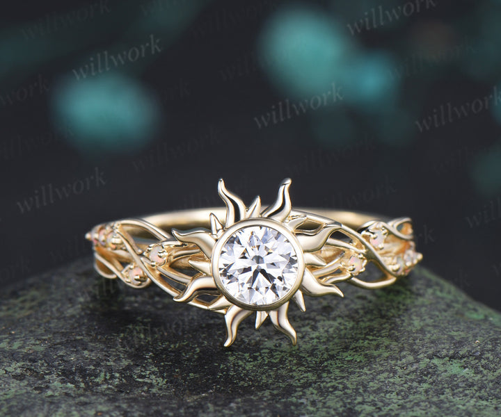 Round cut IGI lab grown diamond engagement ring sun filigree opal promise ring unique bezel wedding ring