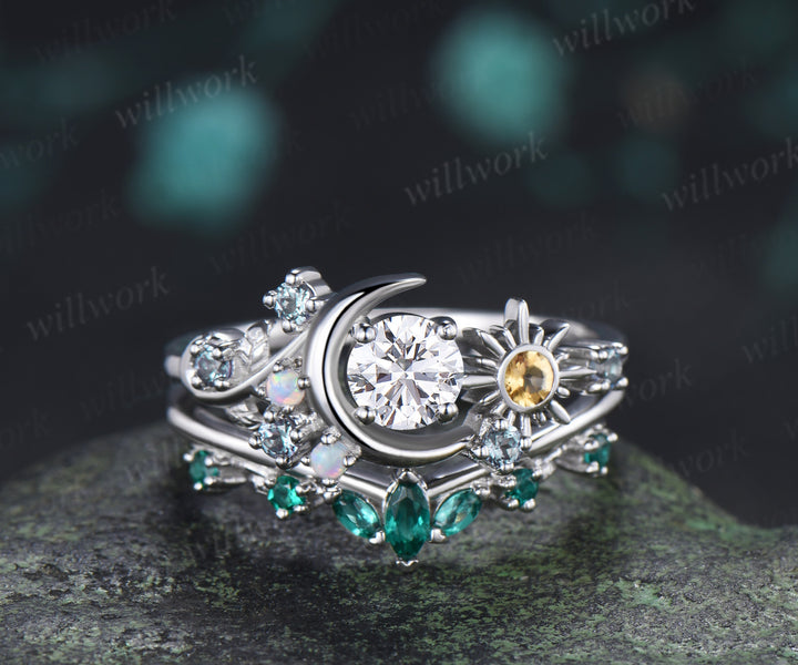 Round Lab Grown Diamond Moon Sun Engagement Ring Set Citrine Sun Ring Emerald Wedding Band Celestial Bridal Set