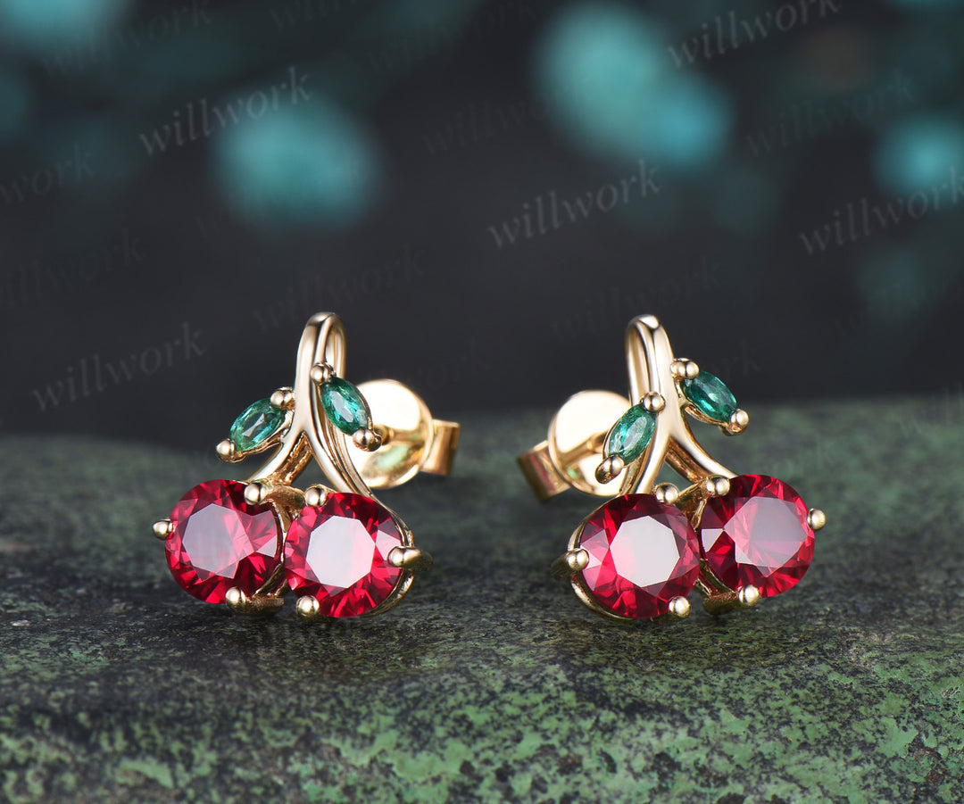 Round cut ruby earrings marquise emerald accent lovely cherry stud earrings gifts for her