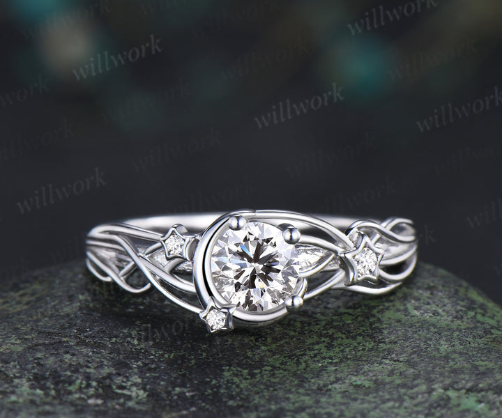 Round cut IGI Lab grown diamond engagement ring moon star ring unique celestial bridal wedding ring
