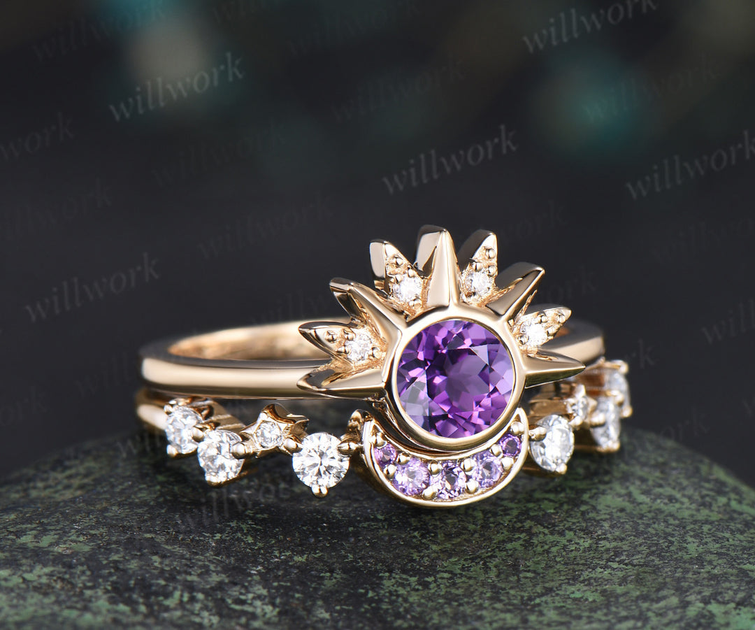 Round amethyst celestial sun moon engagement ring set moissanite cluster wedding band unique bridal set