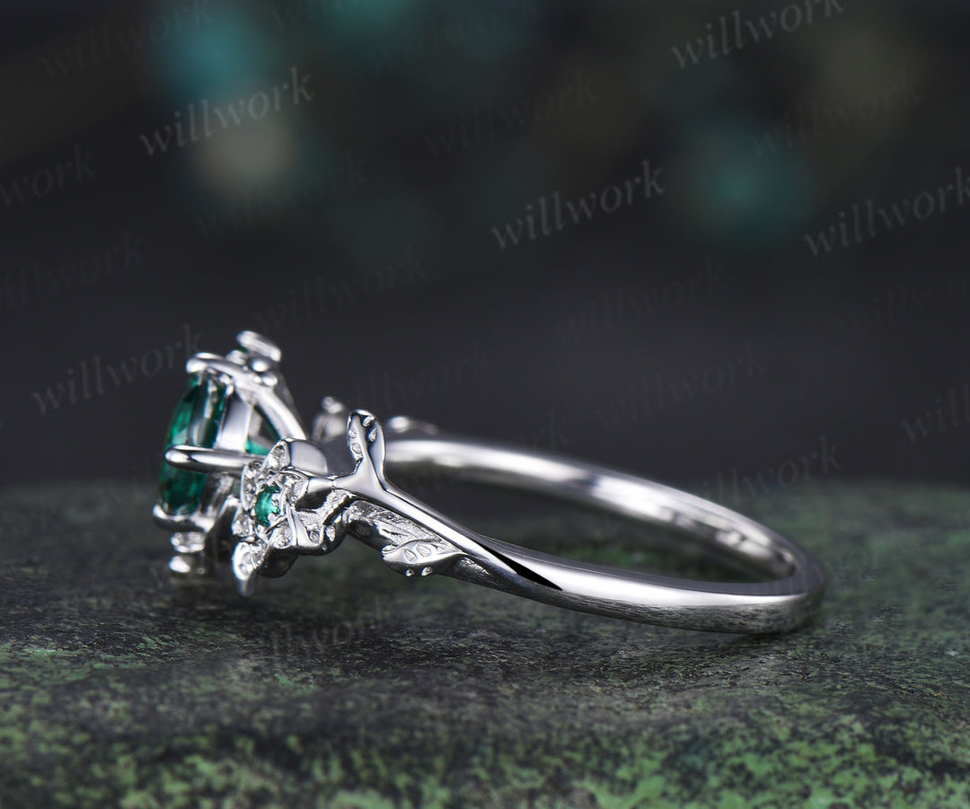 Round cut emerald ring vintage star moon cluster engagement ring twig leaf gemstone bridal ring jewelry gift
