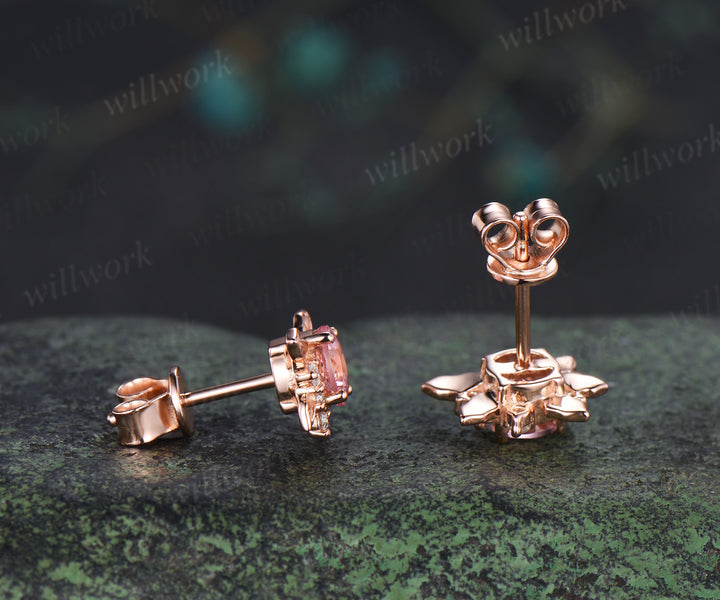 Round padparadscha stud earrings holly leaves cluster moissanites accent earrings gifts for her