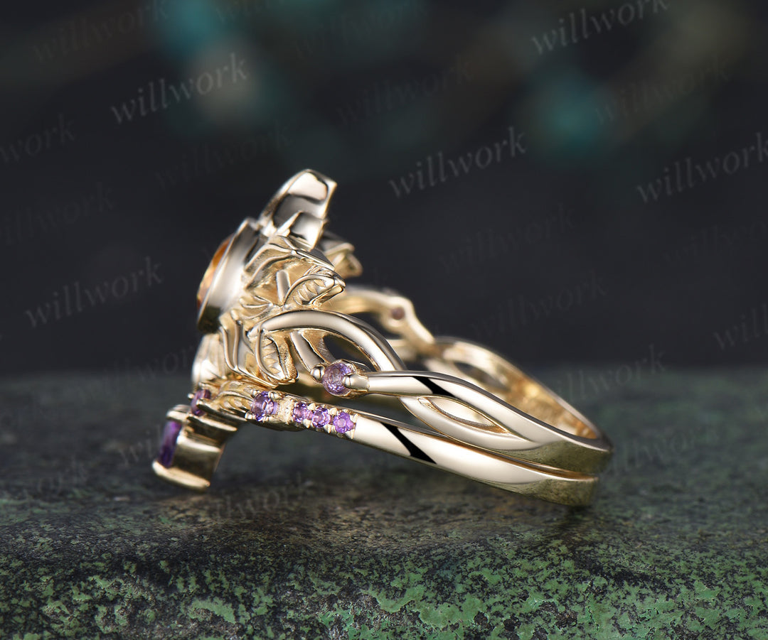 Rapunzel ring sun citrine engagement ring set bezel setting twig vines amethyst ring leaf wedding band unique bridal set