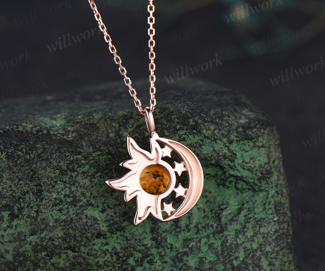 Round citrine sun moon star pendant necklace celestial sun charm with moon stars jewelry gifts