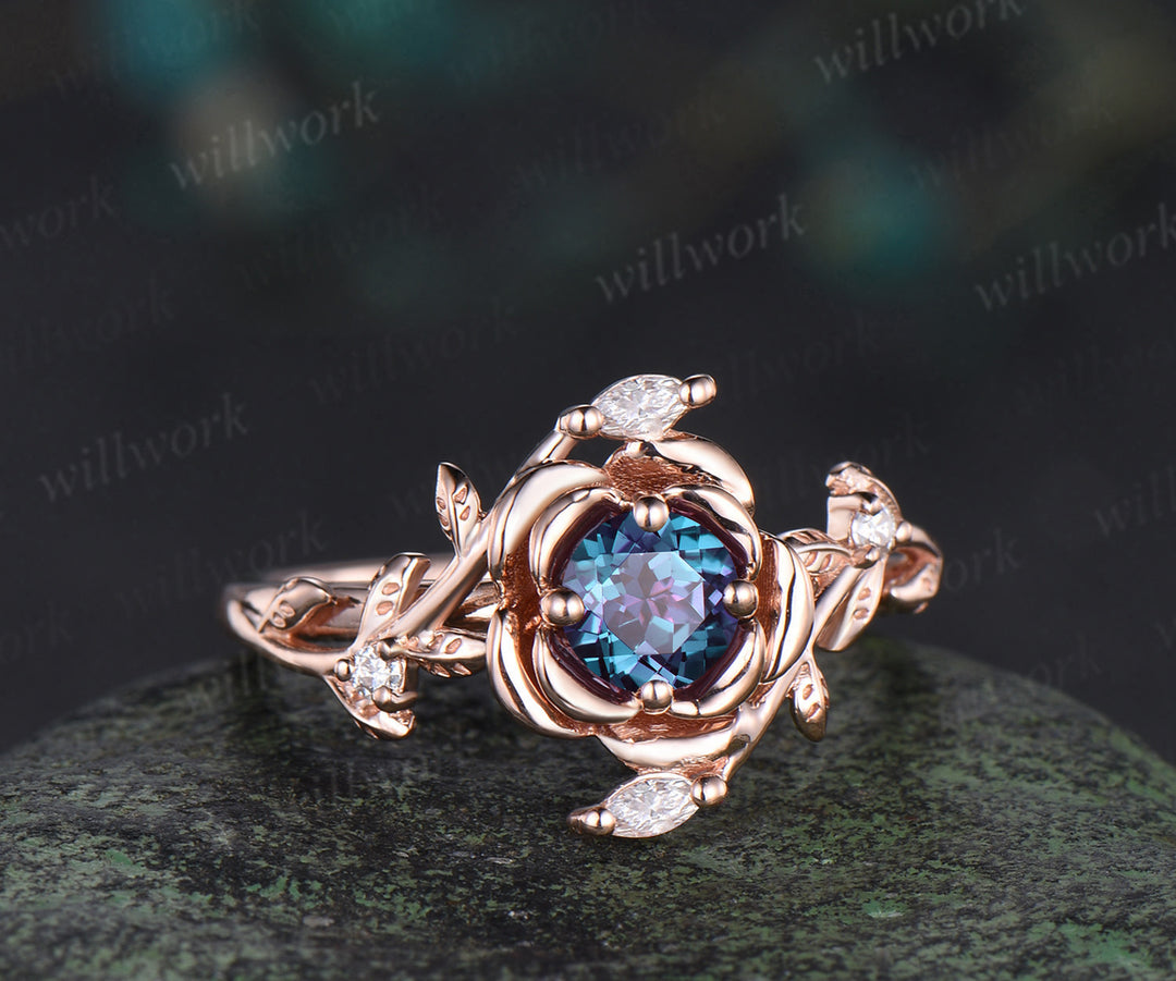Round cut alexandrite engagement ring rose gold floral leaf vine marquise diamond ring vintage promise bridal ring
