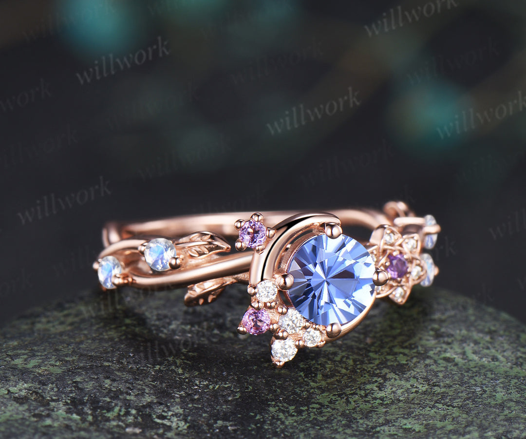 Round Firework cornflower blue sapphire ring 14k rose gold moon leaf star infinity amethyst moonstone wedding ring women