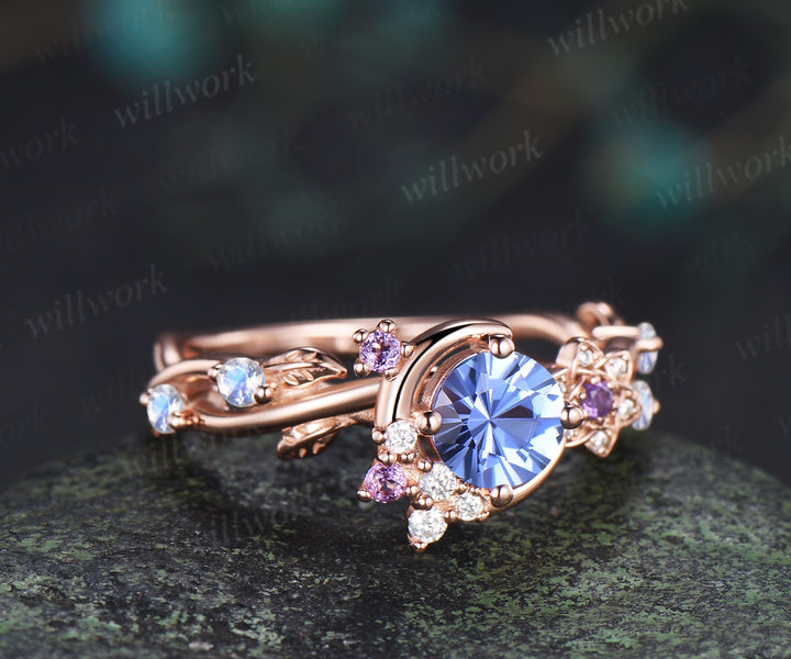 Round Firework cornflower blue sapphire ring 14k rose gold moon leaf star infinity amethyst moonstone wedding ring women