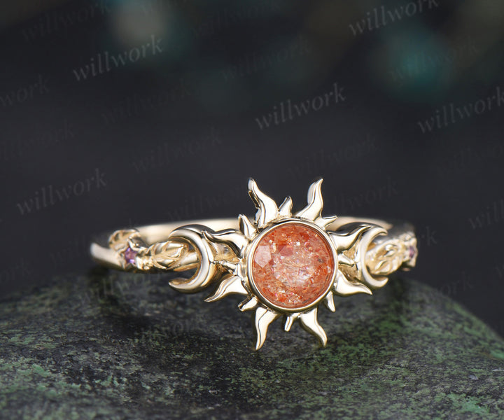 Vintage round cut sunstone engagement ring sun bezel promise ring 14k yellow gold moon star amethyst unique leaf bridal ring gifts for her