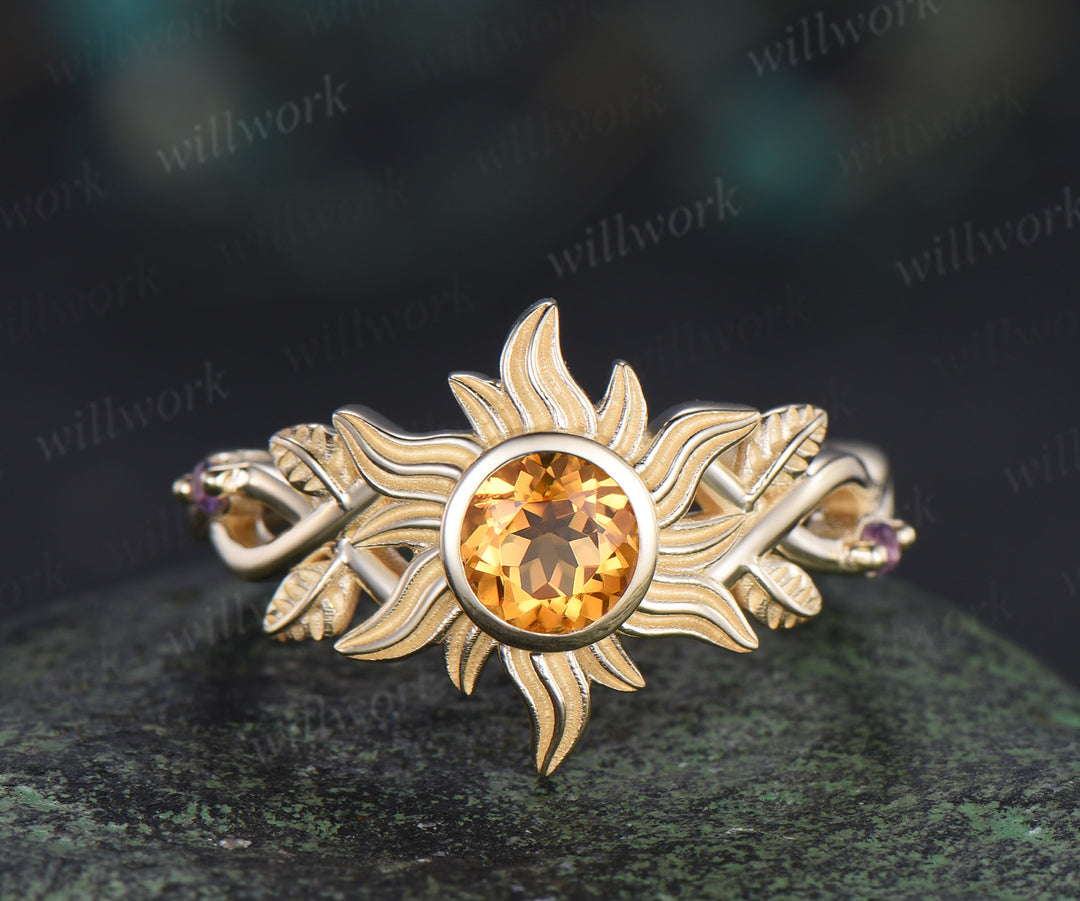 Rapunzel ring sun citrine engagement ring set bezel setting twig vines amethyst ring leaf wedding band unique bridal set