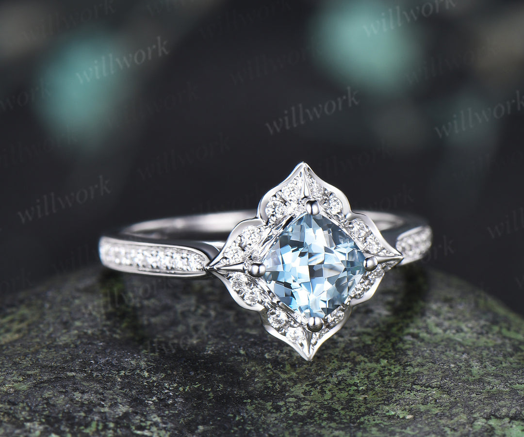 Cushion Cut Aquamarine Floral Halo Engagement Ring Half Eternity Diamond Ring Vintage Bridal Ring Gifts