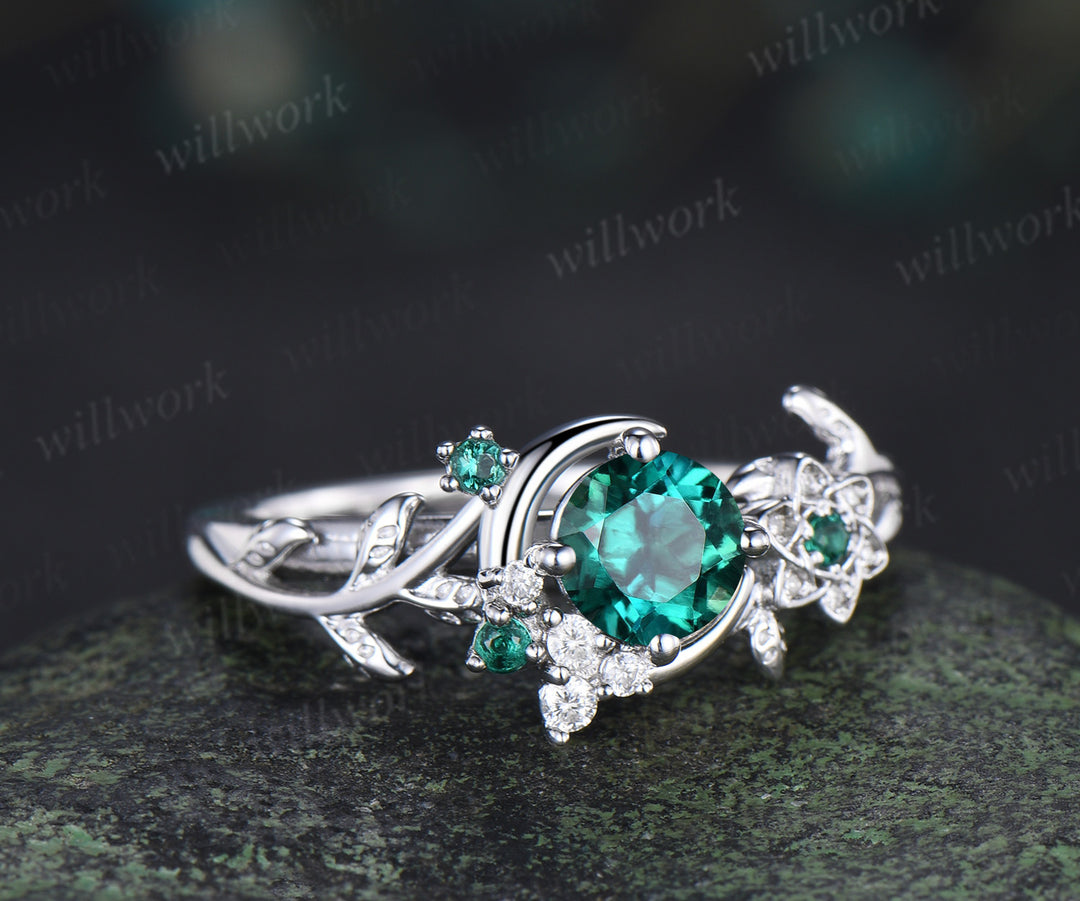 Round cut emerald ring vintage star moon cluster engagement ring twig leaf gemstone bridal ring jewelry gift