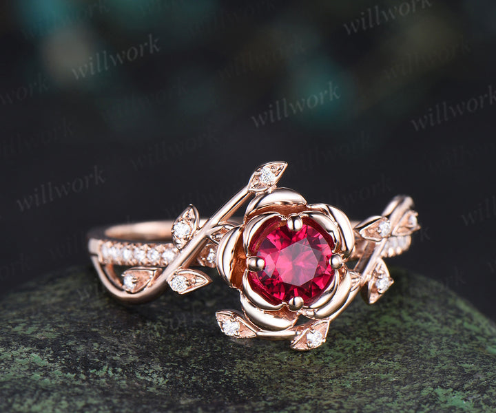 5mm round ruby floral engagement ring twig leaf diamond nature inspired ring half eternity band promise anniversary gifts