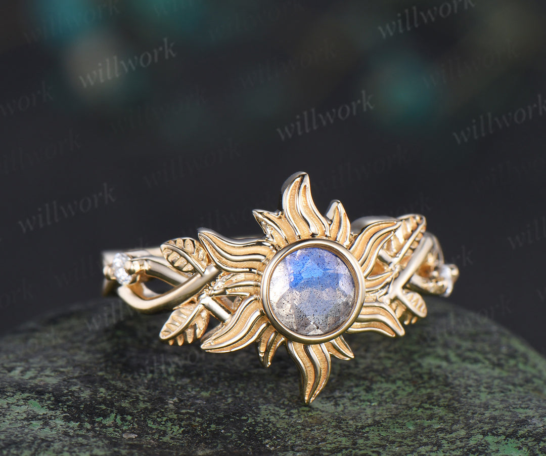 Labradorite sun ring natural round blue labradorite corona moissanite ring leaf infinity ring unique celestial jewelry gift
