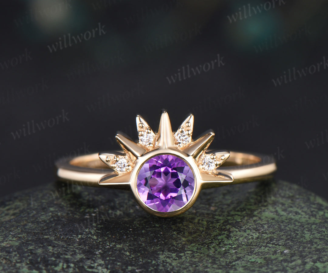 Round amethyst celestial sun moon engagement ring set moissanite cluster wedding band unique bridal set