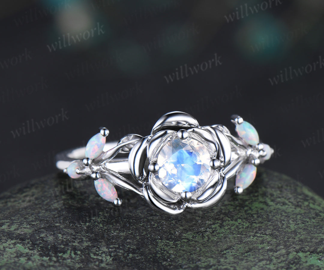 Round cut moonstone engagement ring flower floral marquise opals leaf split shank wedding ring for women