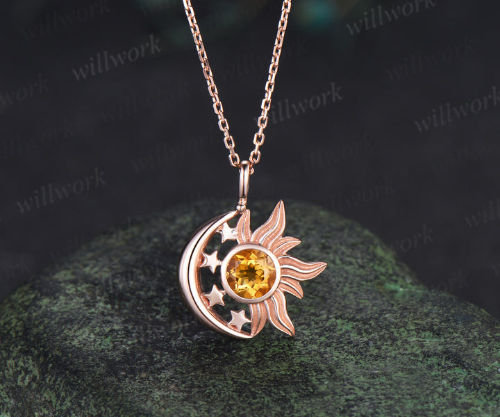 Round citrine sun moon star pendant necklace celestial sun charm with moon stars jewelry gifts