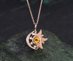 Round citrine sun moon star pendant necklace celestial sun charm with moon stars jewelry gifts