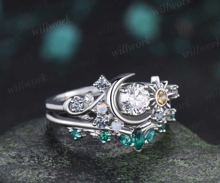 Round Lab Grown Diamond Moon Sun Engagement Ring Set Citrine Sun Ring Emerald Wedding Band Celestial Bridal Set