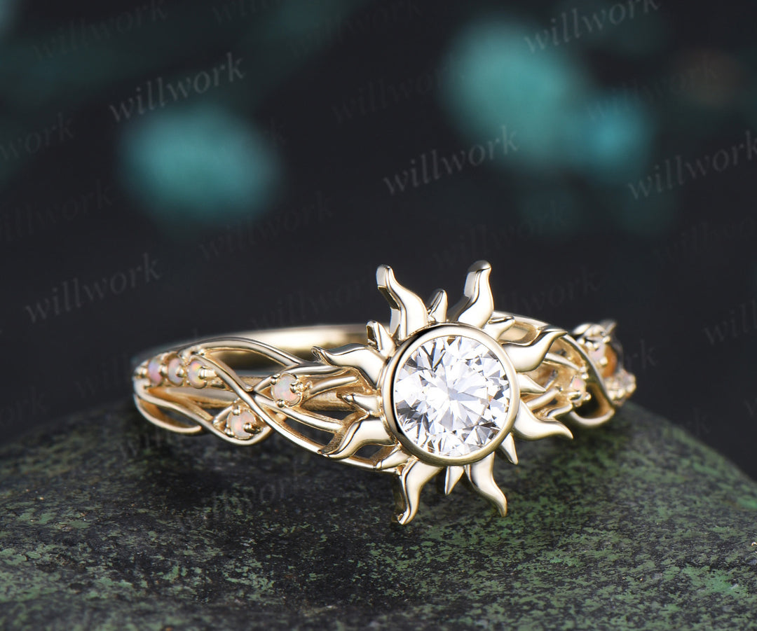 Round cut IGI lab grown diamond engagement ring sun filigree opal promise ring unique bezel wedding ring