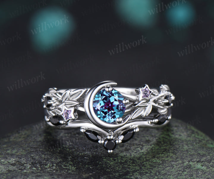 Round Alexandrite Moon Leaf Black Spinel Ring Set & Solitaire Black Onyx Brushed Finish Men Wedding Ring Couple Ring Set