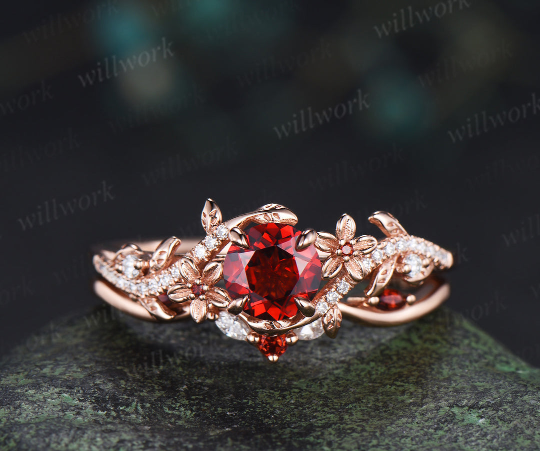 Dainty 5mm Round Garnet Leaf Floral Ring Set & Tungsten Garnets Gold Flakes Men Band Unique Couple Ring Set