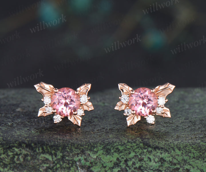 Round padparadscha stud earrings holly leaves cluster moissanites accent earrings gifts for her