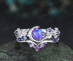 Unique round purple opal ring set blue sapphire moon star ring curved amethyst wedding band bridal set jewelry gifts for her