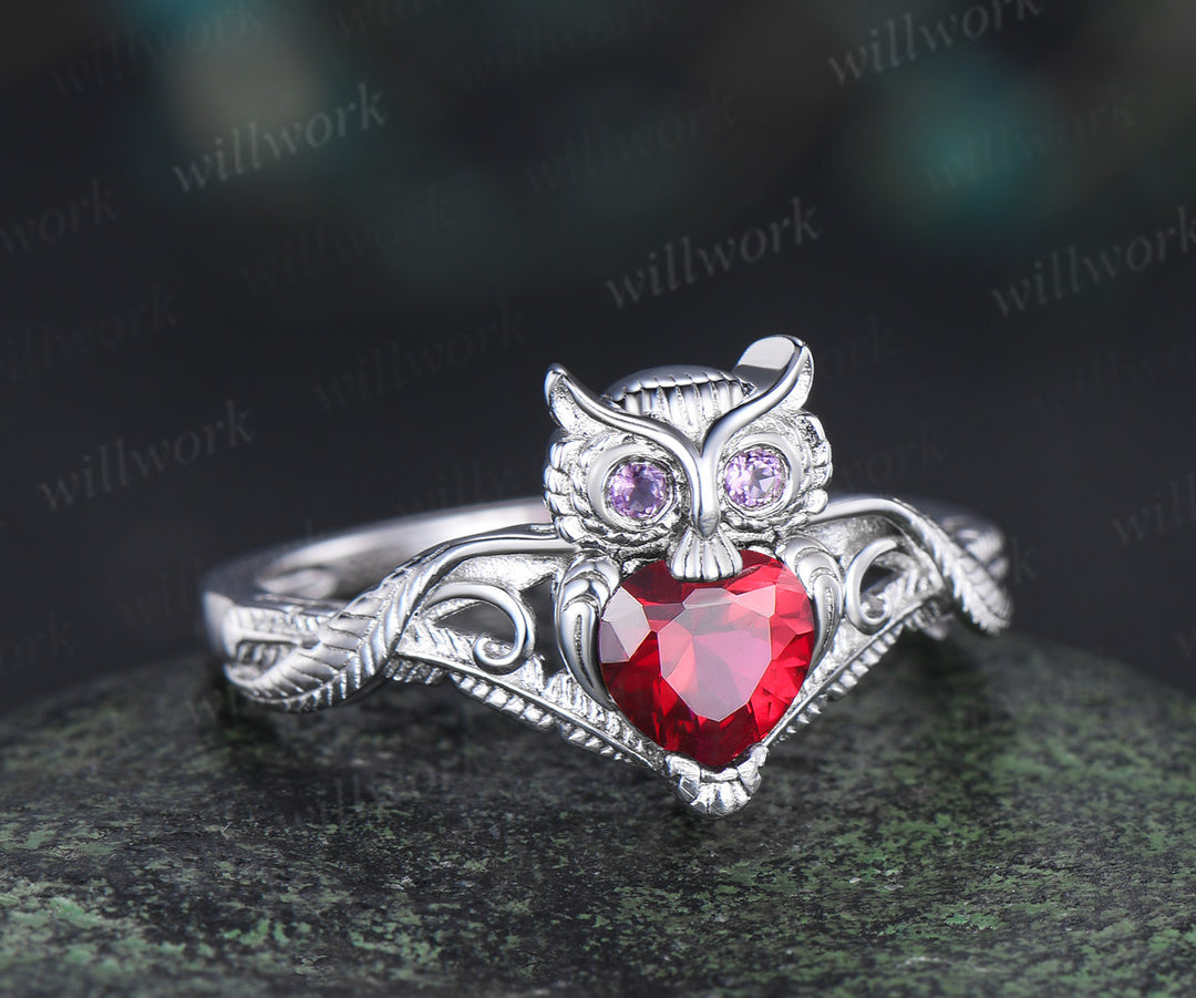 Unique owl engagement ring round ruby wedding ring amethyst accents twig vine cute owl ring for women