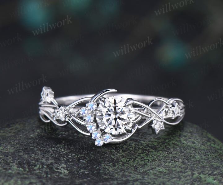 Round Cut IGI Lab Grown Diamond Ring with Moon Star Moonstone Accents Celestial Bridal Ring