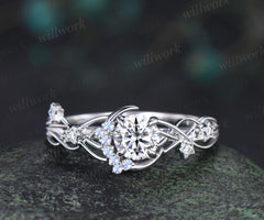 Round Cut IGI Lab Grown Diamond Ring with Moon Star Moonstone Accents Celestial Bridal Ring