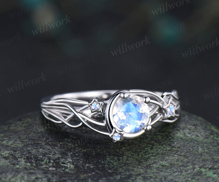 Round cut moonstone engagement ring moon star ring unique celestial bridal wedding ring