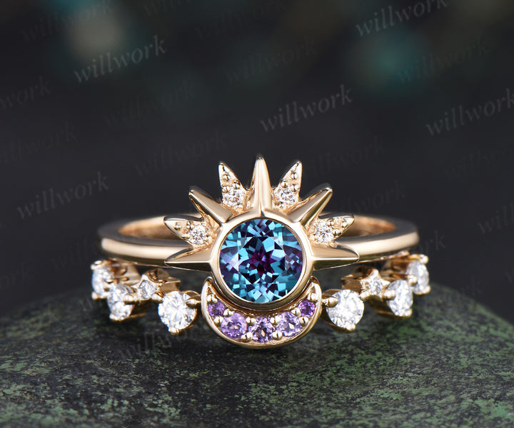 Round alexandrite sun moissanite engagement ring set amethyst moon celestial star wedding ring set for women