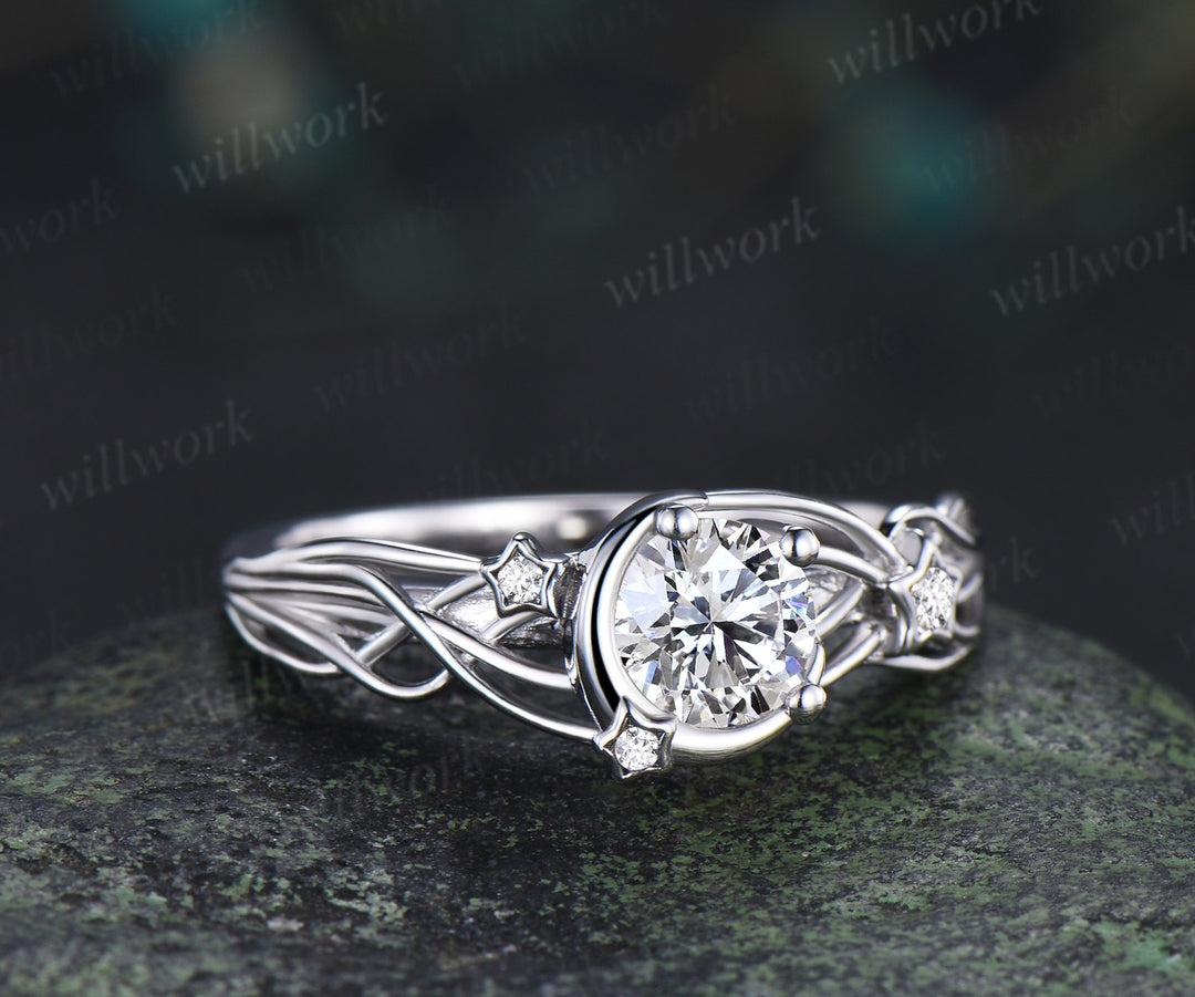 Round cut IGI Lab grown diamond engagement ring moon star ring unique celestial bridal wedding ring