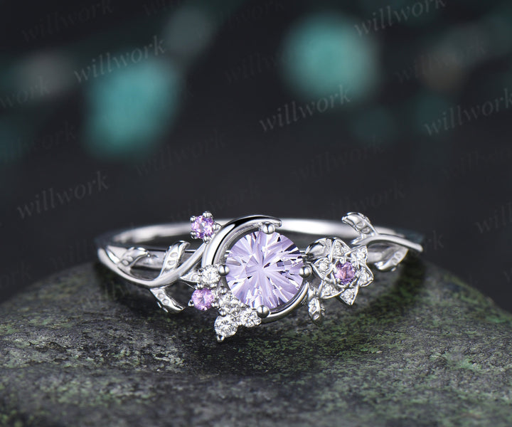 Round Fireworks Cut Lavender Amethyst Engagement Ring Moon Leaf Vine Floral Promise Ring Unique Diamond Cluster Ring Gift