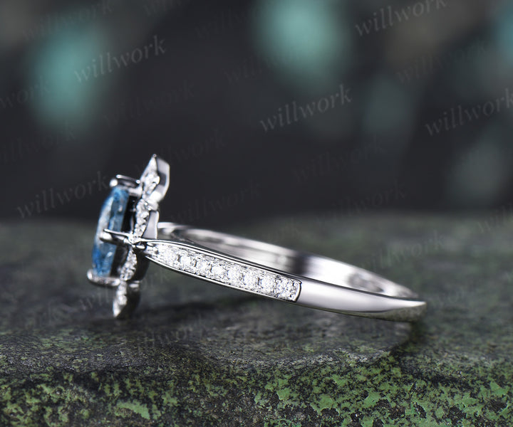Cushion Cut Aquamarine Floral Halo Engagement Ring Half Eternity Diamond Ring Vintage Bridal Ring Gifts