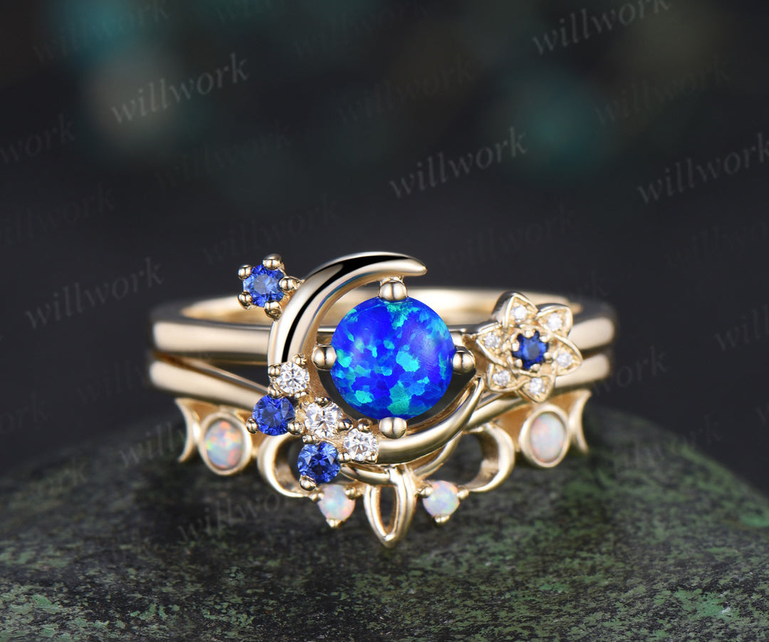 Round blue opal ring gold cluster moon Celtic knot engagement ring set sapphire opal wedding bridal set women
