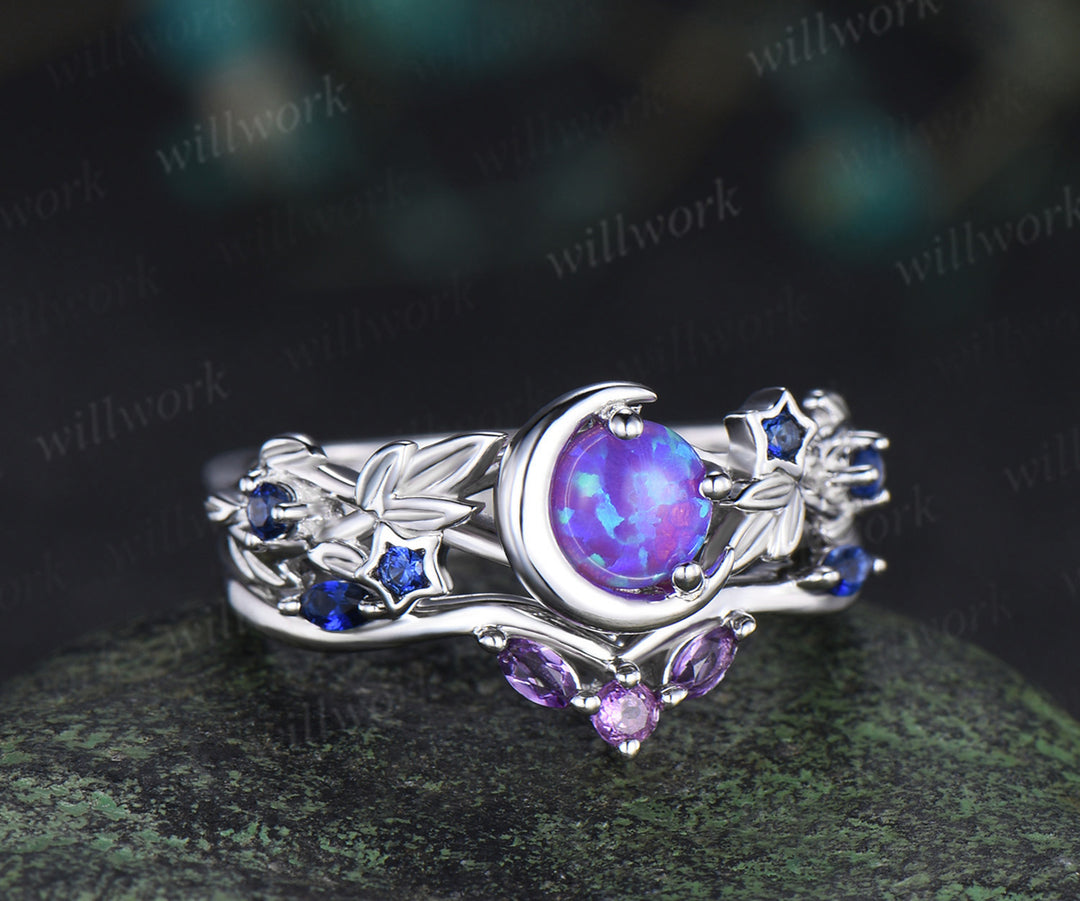 Unique round purple opal ring set blue sapphire moon star ring curved amethyst wedding band bridal set jewelry gifts for her