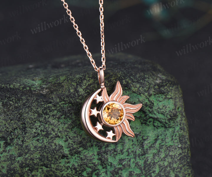 Round citrine sun moon star pendant necklace celestial sun charm with moon stars jewelry gifts