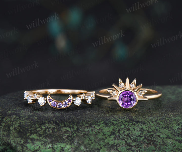 Round amethyst celestial sun moon engagement ring set moissanite cluster wedding band unique bridal set