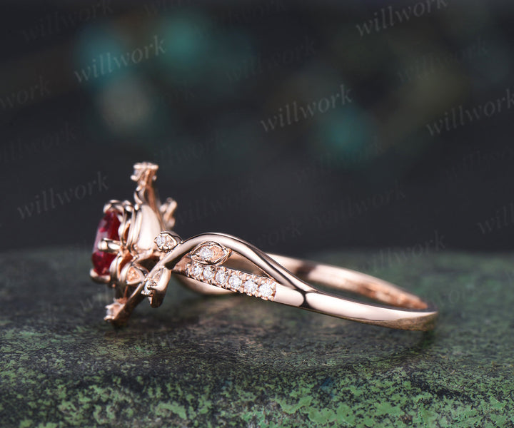 5mm round ruby floral engagement ring twig leaf diamond nature inspired ring half eternity band promise anniversary gifts