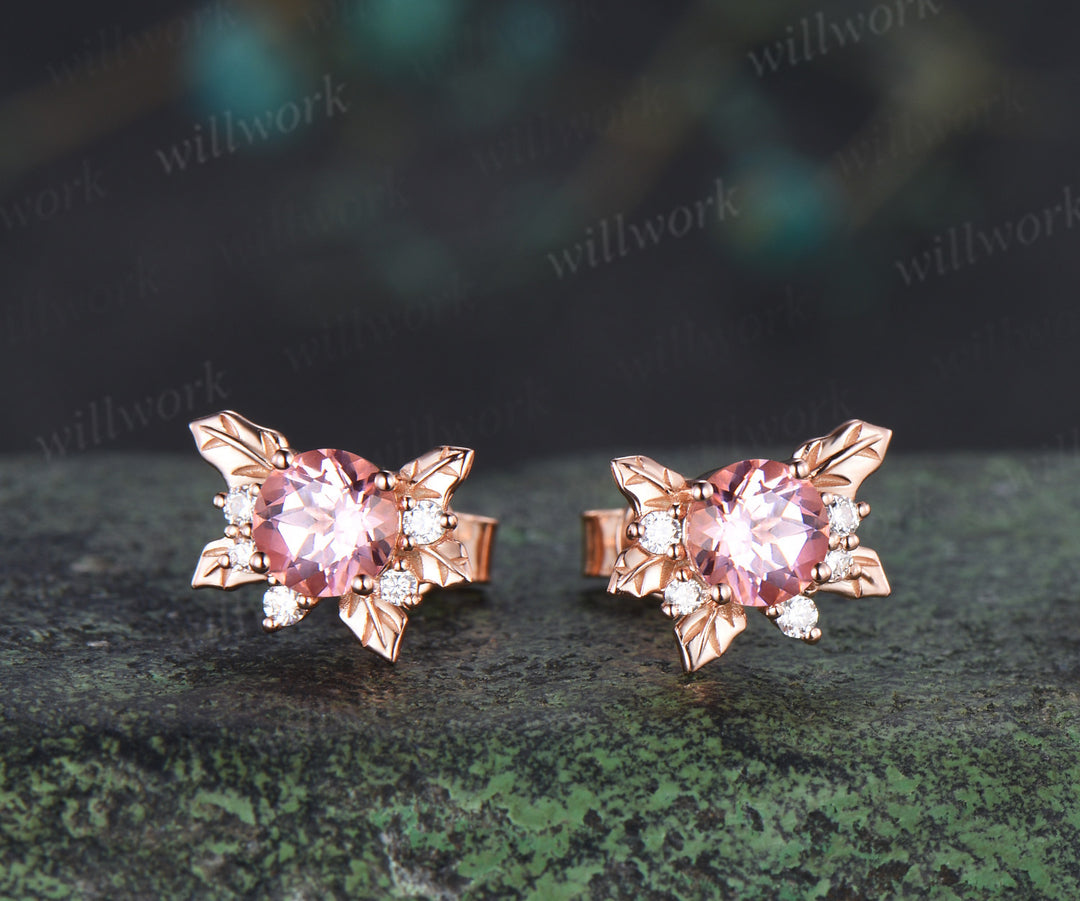 Round padparadscha stud earrings holly leaves cluster moissanites accent earrings gifts for her